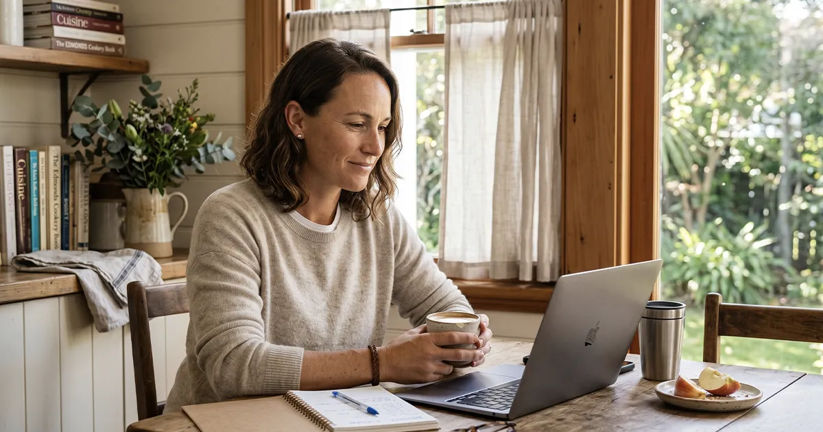 New Zealander reading personal loan options on a laptop at her kitchen table, comparing rates through Payday Advance NZ